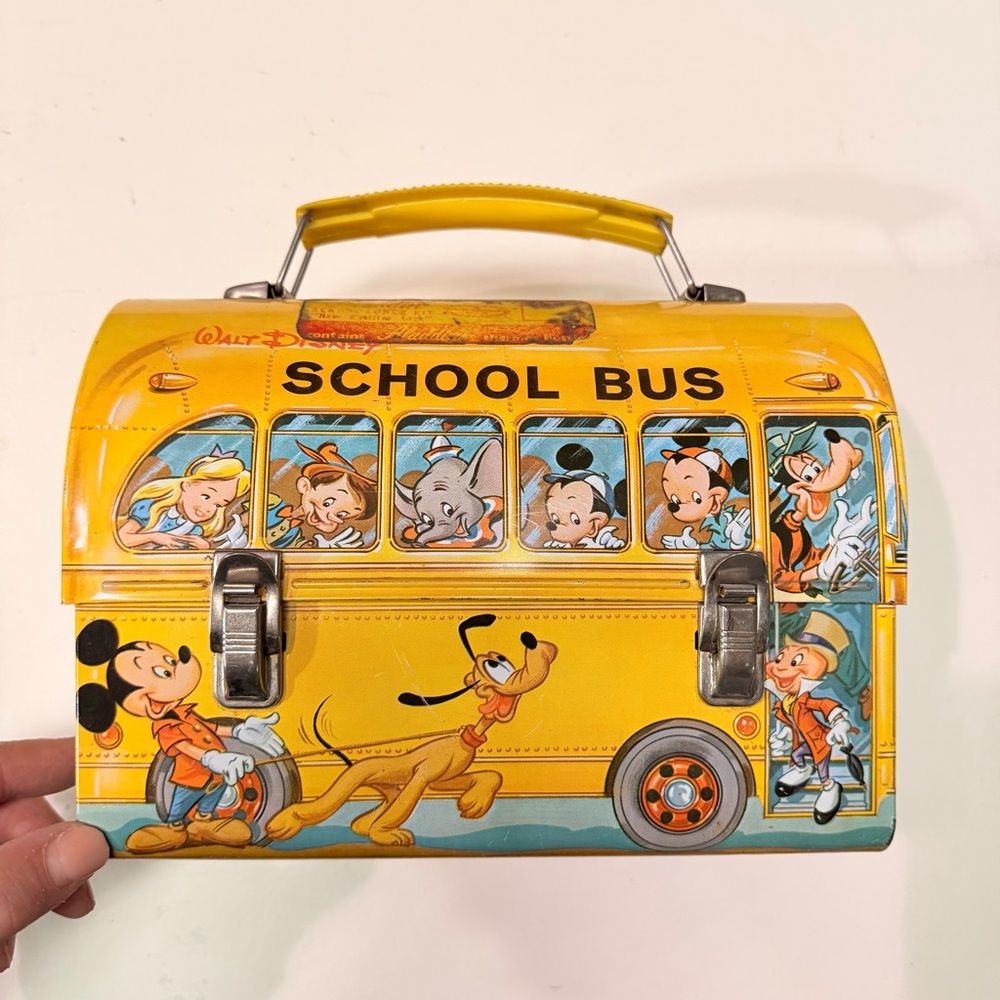 Vintage 1960s Walt Disney School Bus Metal Lunchbox w Aladdin Thermos